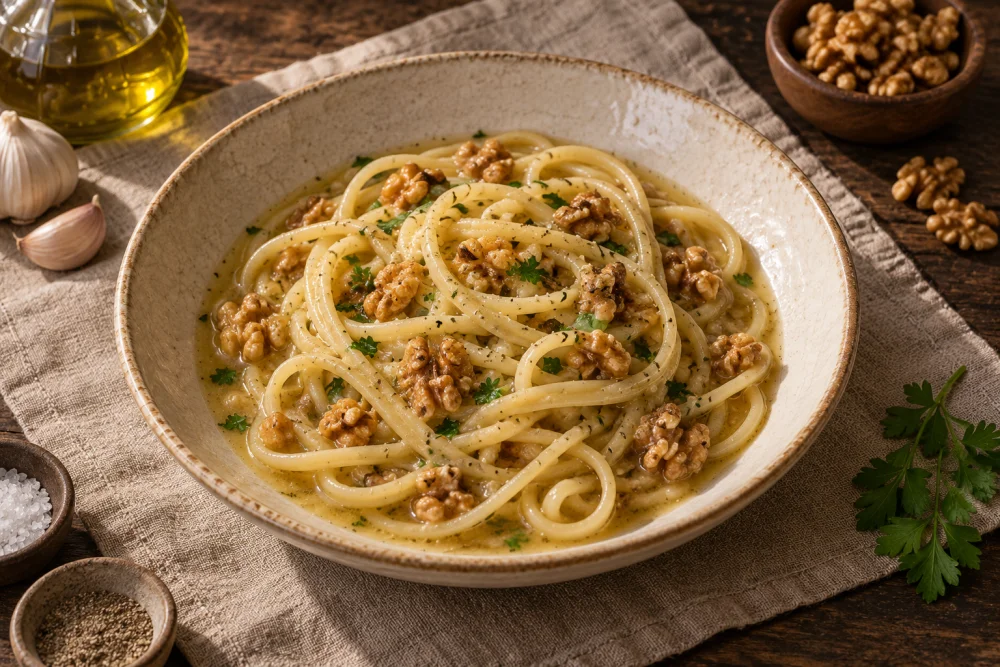 Macarrones salteados con nueces