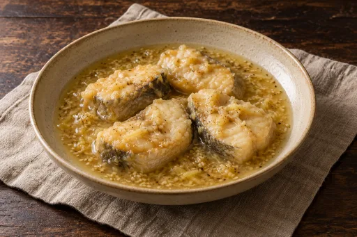 Merluza a la romana con sésamo y miel