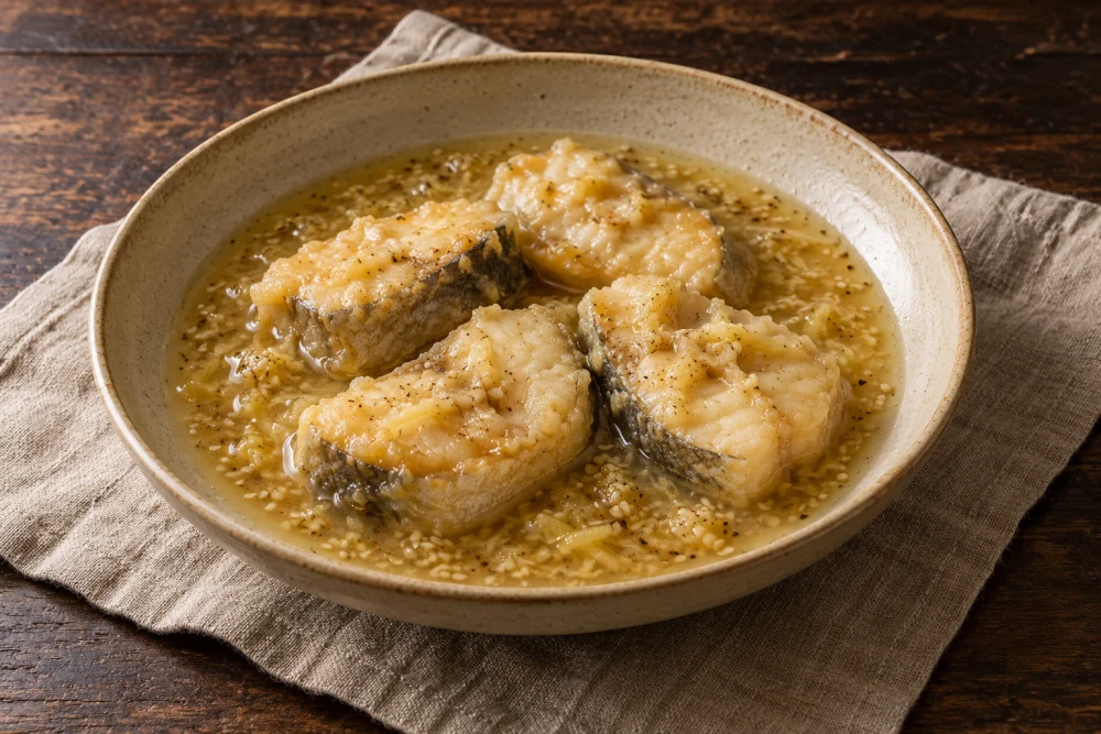 Merluza a la romana con sésamo y miel