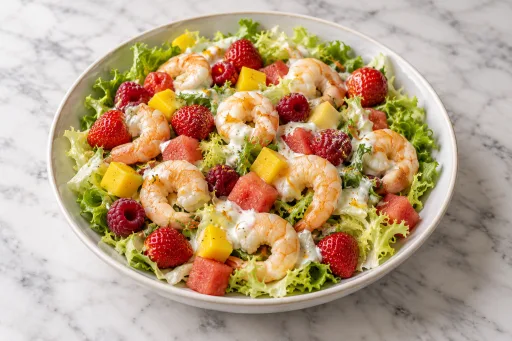 Ensalada de langostinos cocidos y frutas con salsa de yogurt griego
