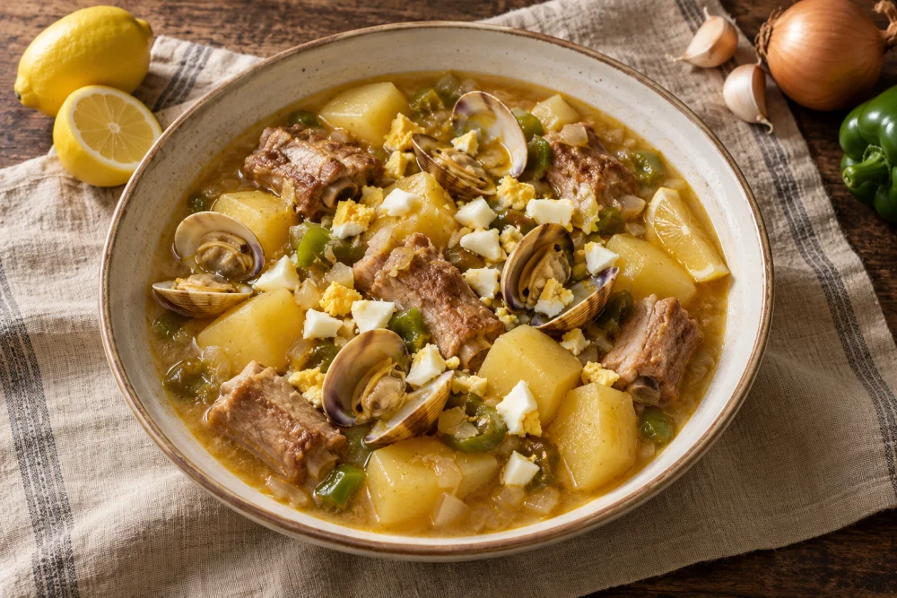 Patatas guisadas con costillas y almejas