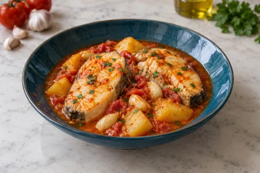 Halibut con pimientón rojo