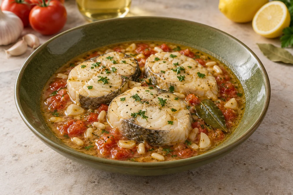 Merluza con salsa de piñones