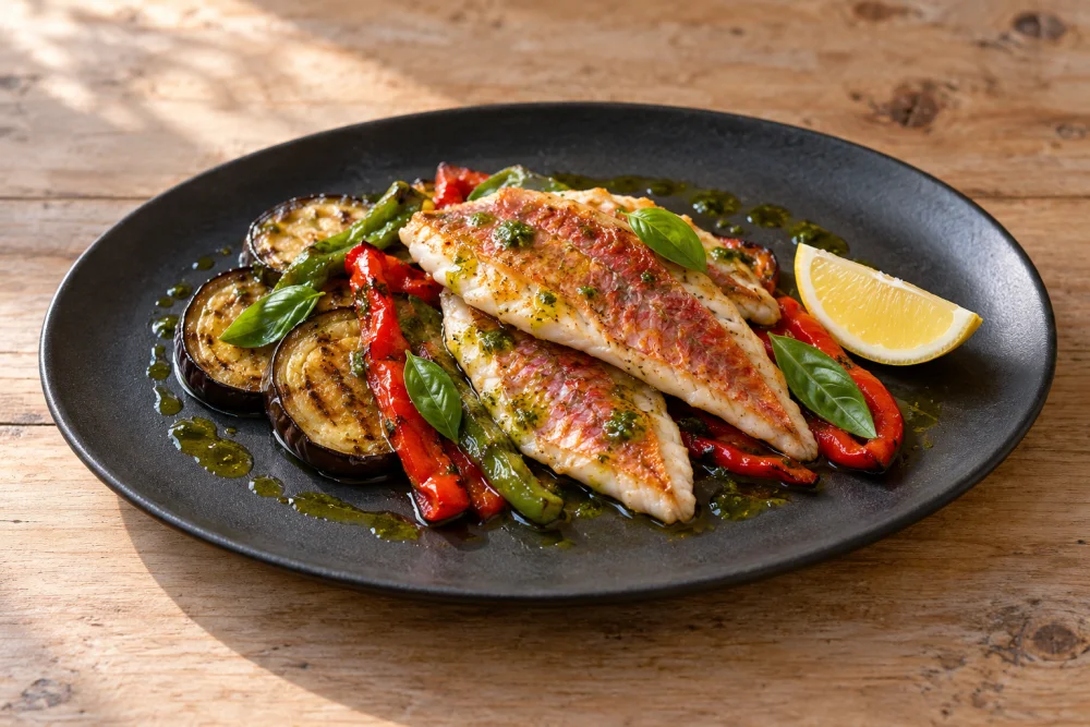 Filetes de salmonete al aceite de albahaca