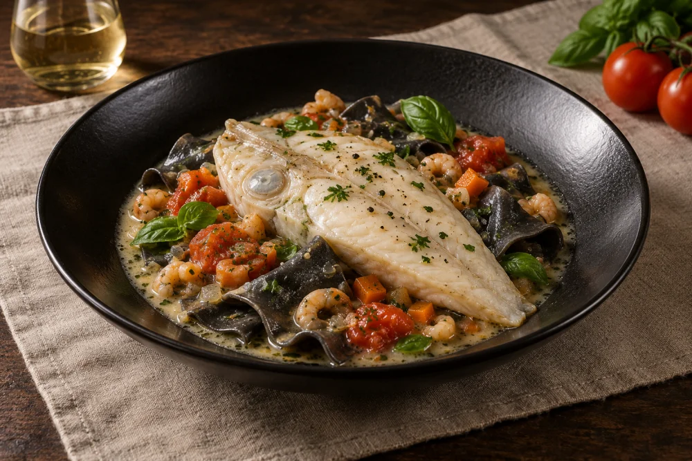 Pez de San Pedro con tomates, albahaca y pasta
