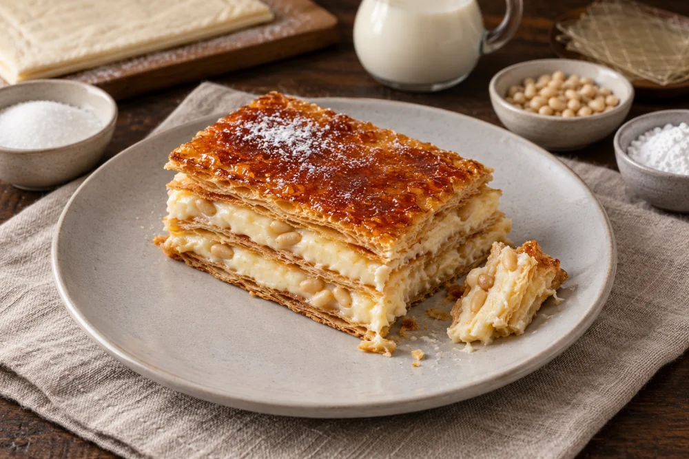 Milhojas caramelizado con caramelo y piñones