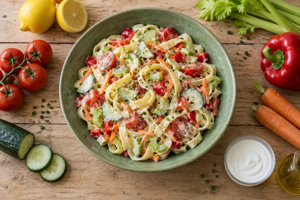 Ensalada de pasta con verduras  y yogur