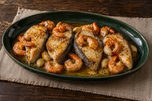 Corvina horneada con langostinos