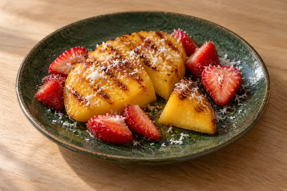 Mango a la plancha con fresas y coco