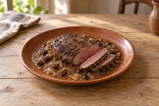 Bistec de avestruz con salsa de pasas
