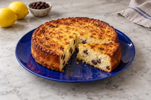 Pastel de queso Mahon gratinado con pasas al ron