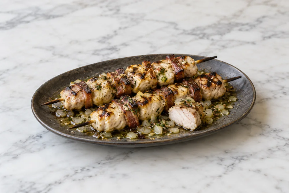 Brochetas de carne de cocodrilo a la parrilla