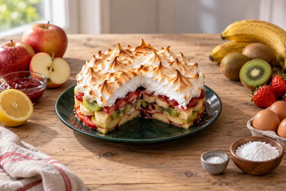 Pastel de frutas merengado