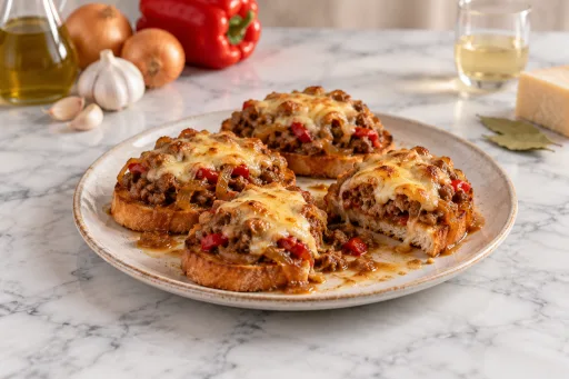 Tosta de carne picada con cebolla carameliada y queso