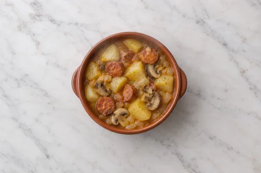 Estofado de patatas con chorizo y champiñones.