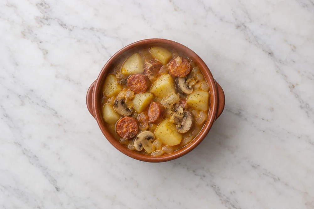 Estofado de patatas con chorizo y champiñones.