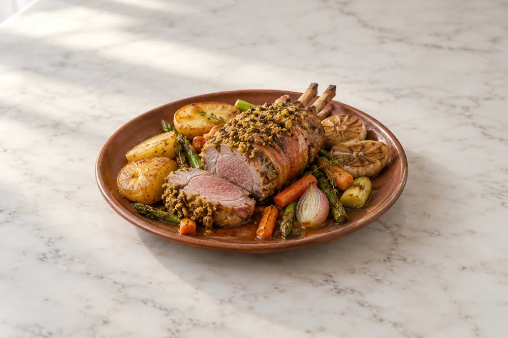 Lomo de cordero lechal al horno albardado con frutos secos