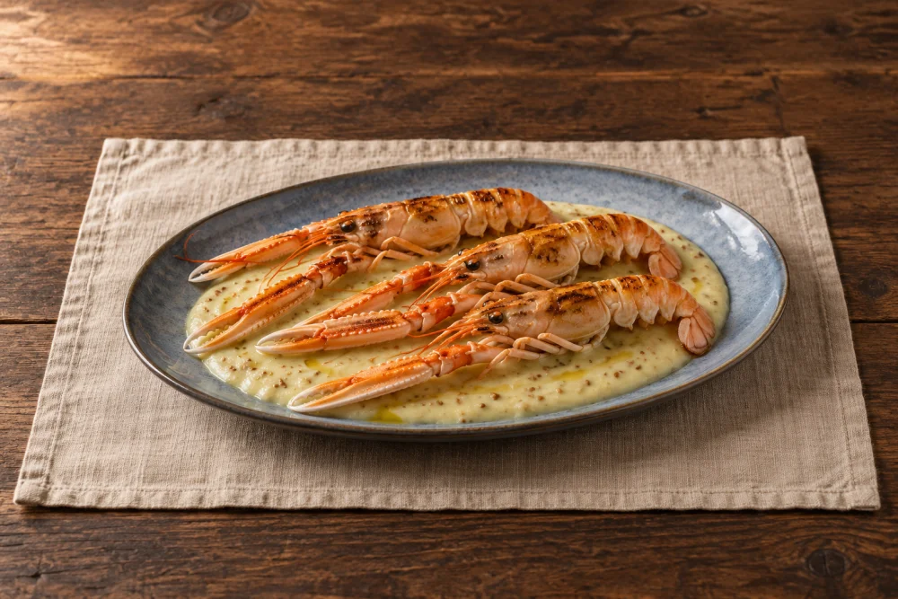 Cigalitas con sésamo y crema templada de puerro