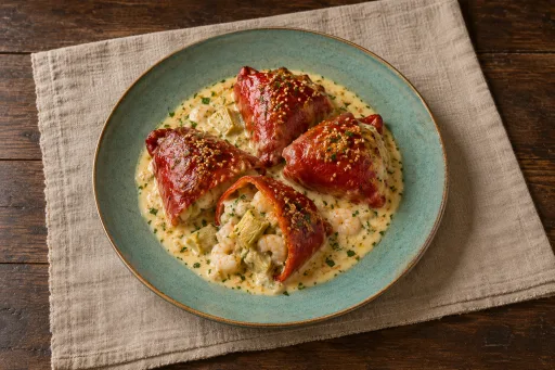 Pimientos de piquillo rellenos de alcachofas y gambas