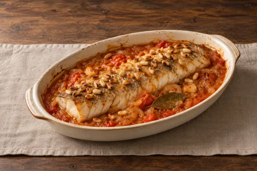 Merluza con piñones al horno