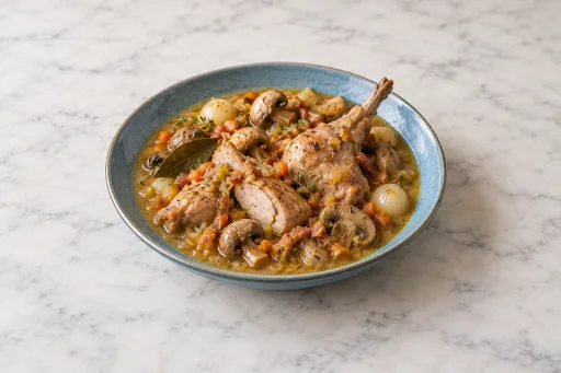 Conejo al vino blanco y champiñones