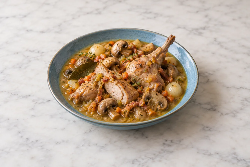 Conejo al vino blanco y champiñones