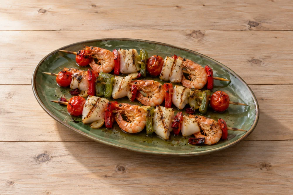 Brochetas de sepia y langostinos