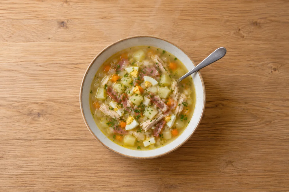 Sopa de pollo y jamón