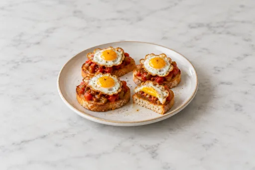 Mini tostas de huevos de codorniz con pisto