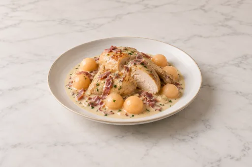 Pollo al cava con bolitas de melon