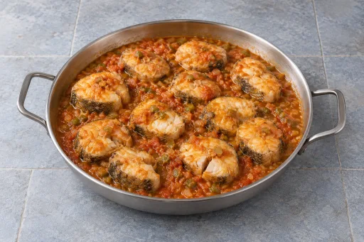 Morena guisada con tomate y pimientos