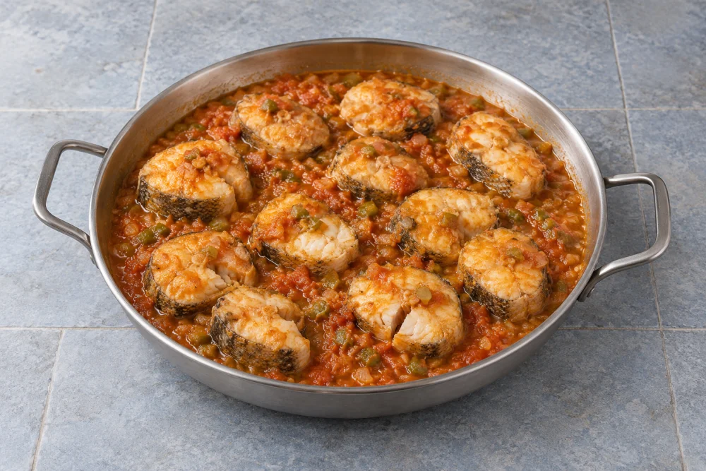 Morena guisada con tomate y pimientos