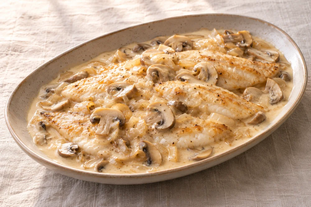 Filetes de gallo en salsa de riesling con champiñones