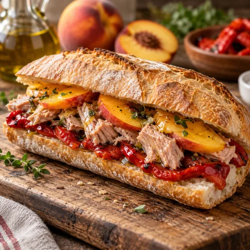 Bocadillo de Pimiento asado, atún confitado y melocotón.