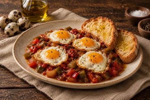 Huevos de codorniz con pisto