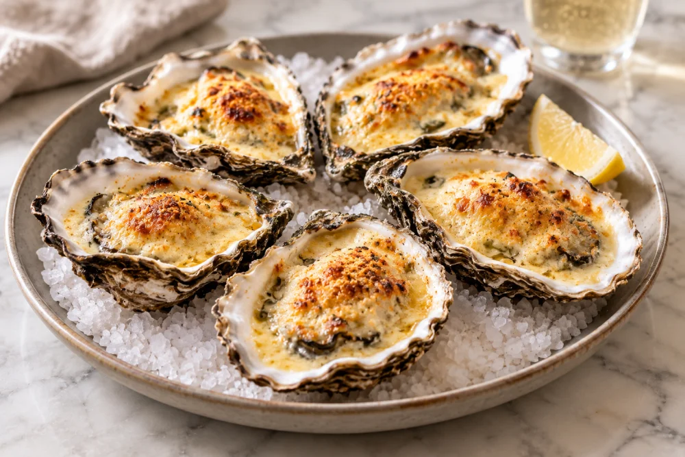 Ostras gratinadas en muselina de cava