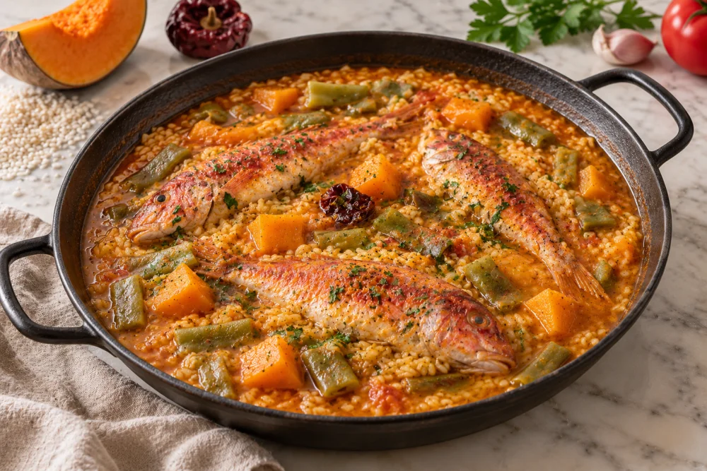 Arroz caldoso de salmonetes y calabaza