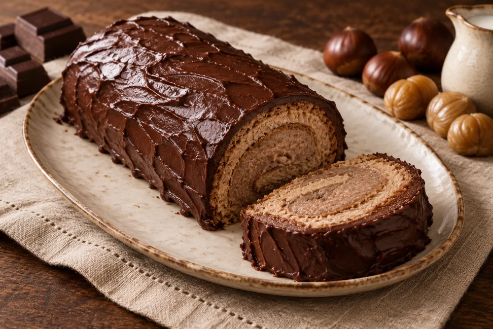 Tronco de castañas con cobertura de chocolate
