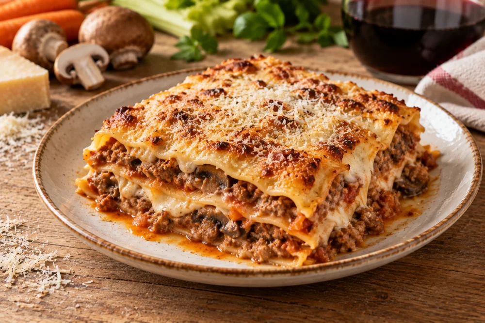Lasaña de carne y setas al horno