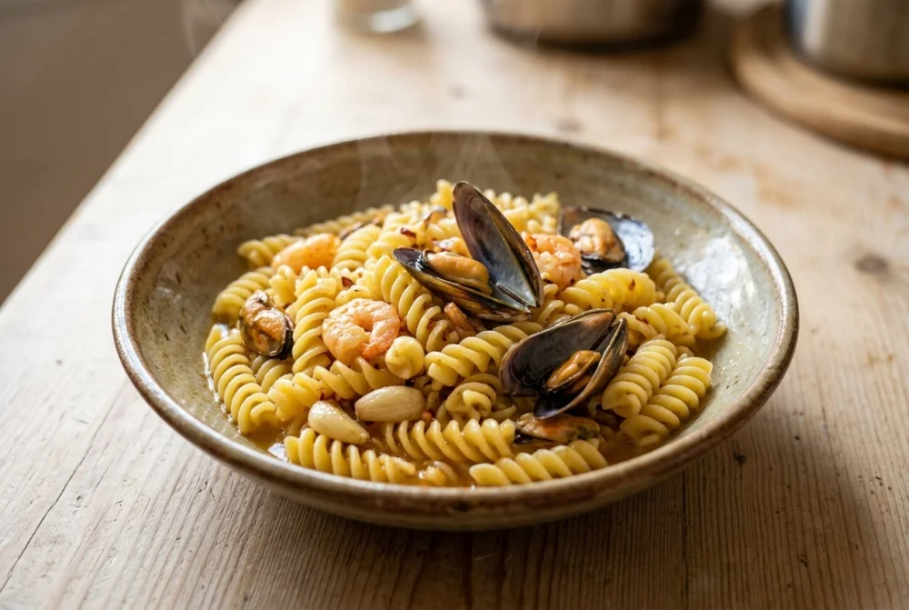 Espirales con gambas y mejillones