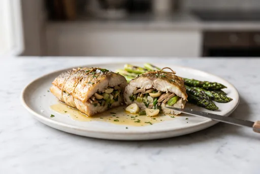 Pescadilla rellena de champiñones
