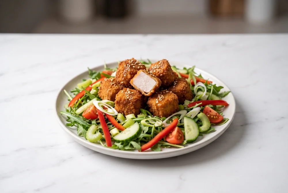 Dados de pavo crujientes con  ensalada