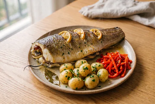 Brótola rellena y acompañada con papines