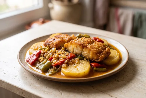 Bacalao con patatas, ajo, cebolla y pimiento