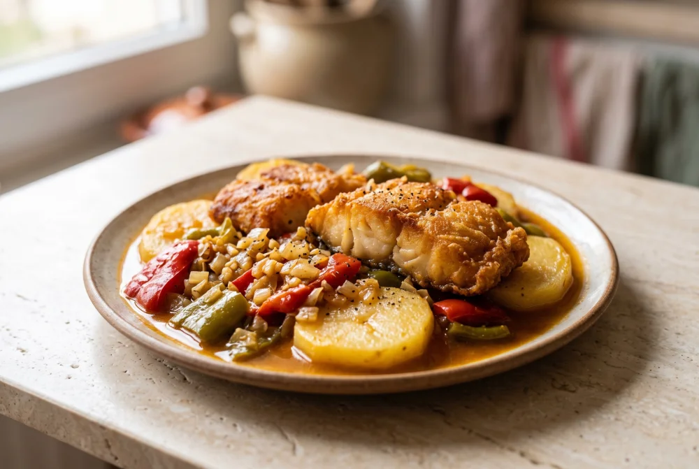 Bacalao con patatas, ajo, cebolla y pimiento