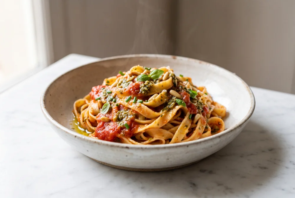 Tagliatelle con tomate y pesto