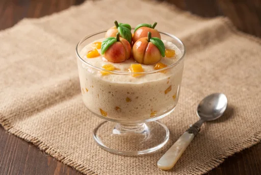 Mousse de melocotón  con frutas de mazapán