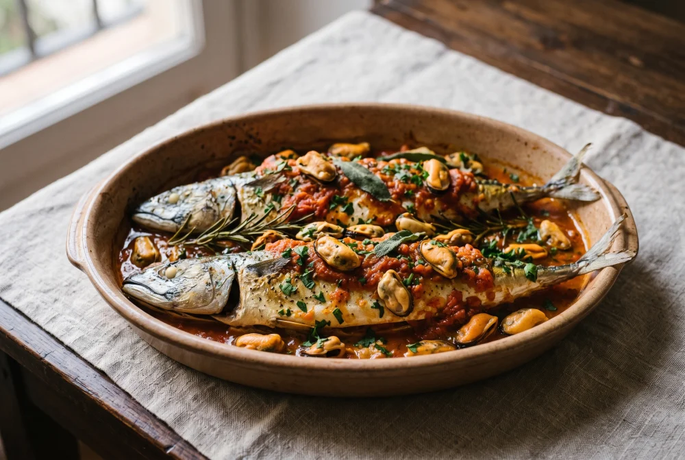 Caballas y mejillones con tomate