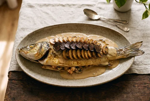 Receta de lubina al vino blanco y rellena de gambas