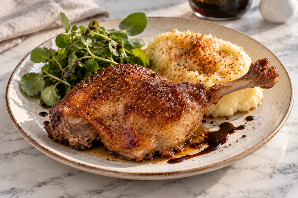 Pato confitado con puré de patatas